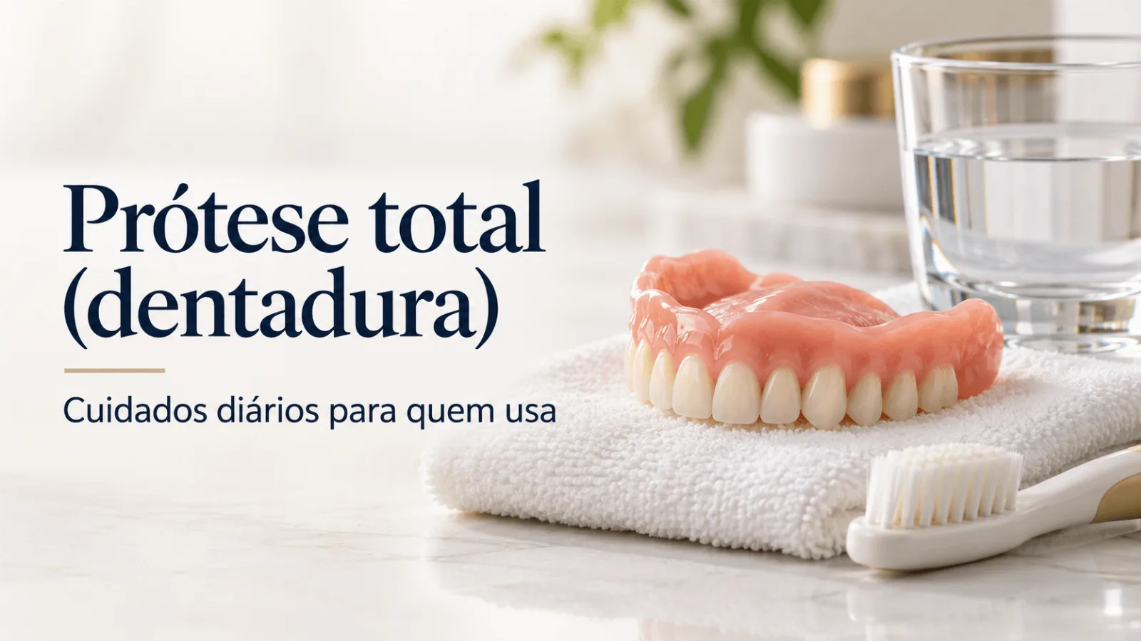 Prótese total sobre uma toalha branca, ao lado de uma escova e um copo com água, ilustrando os cuidados diários com a dentadura.