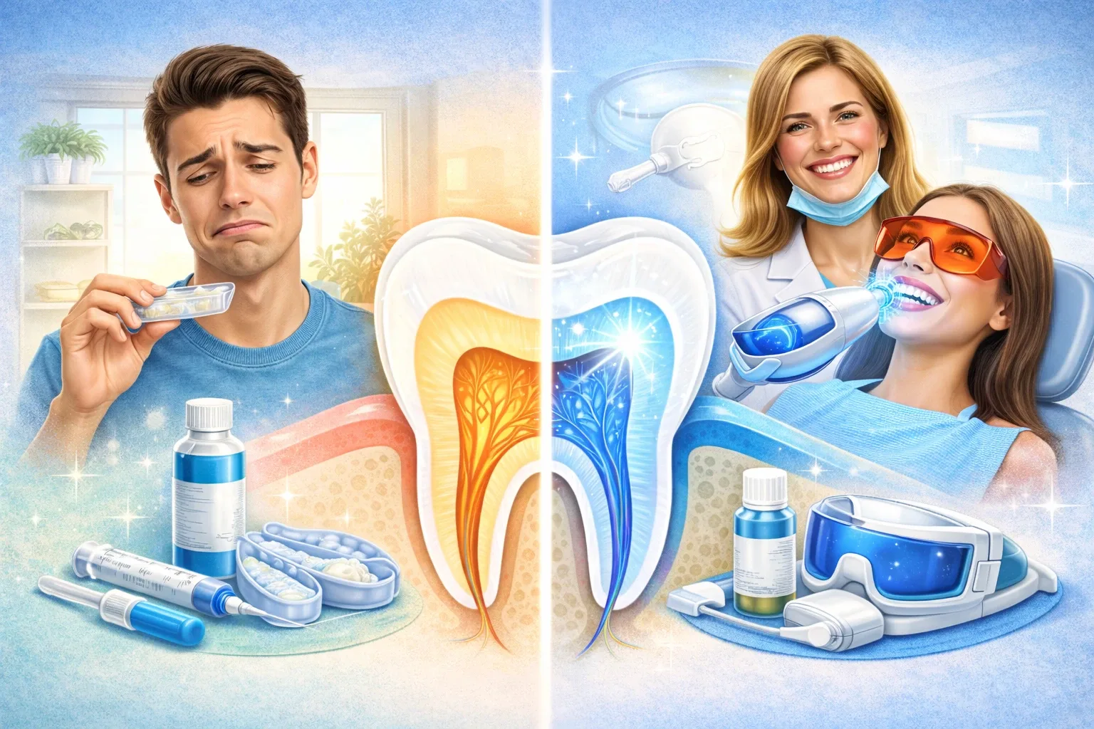 Diferença entre clareamento dental caseiro e em consultório odontológico