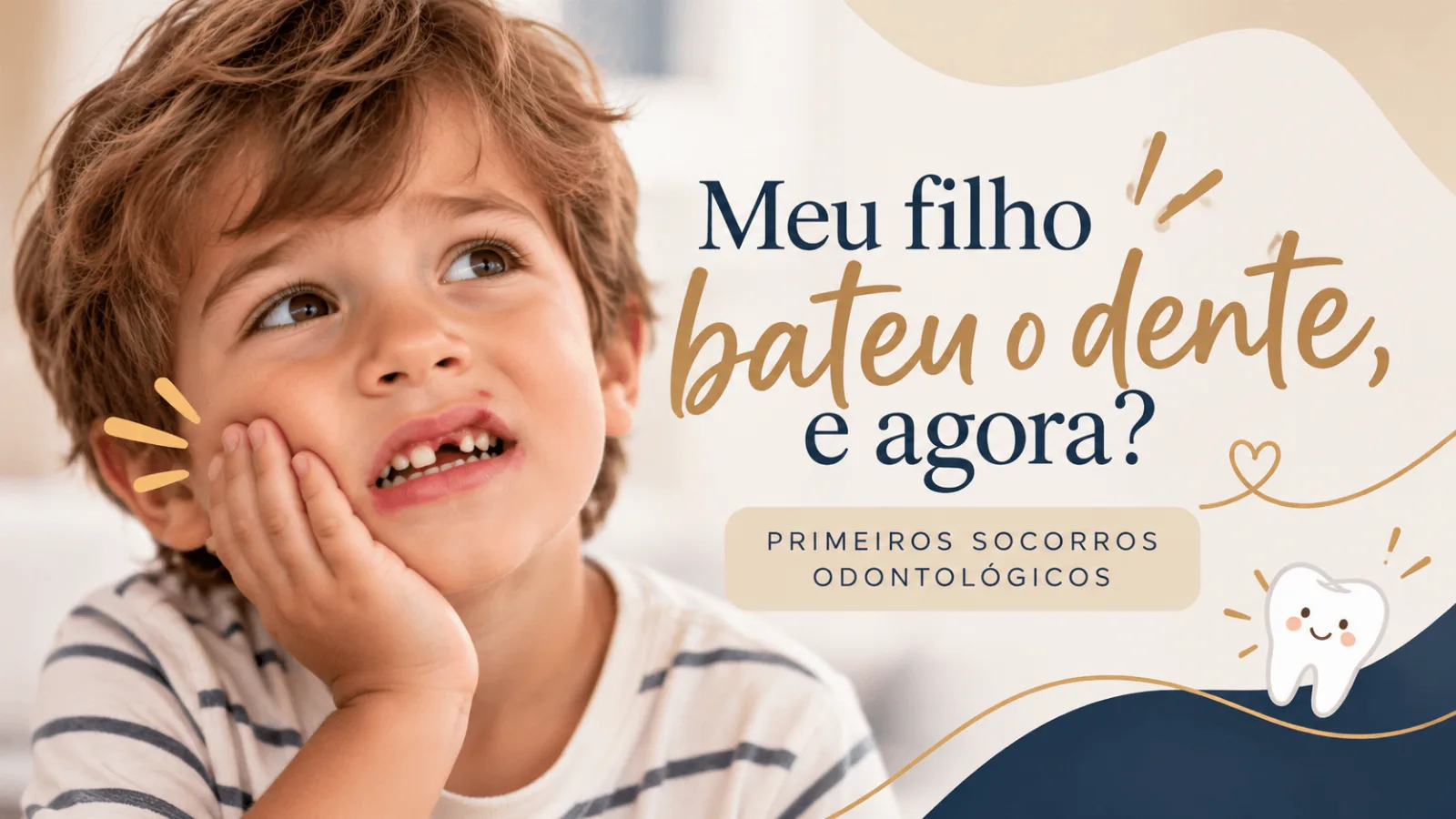 Criança com dente da frente machucado após uma queda, segurando o rosto, ilustrando primeiros socorros odontológicos infantis e o que fazer quando seu filho bate o dente.